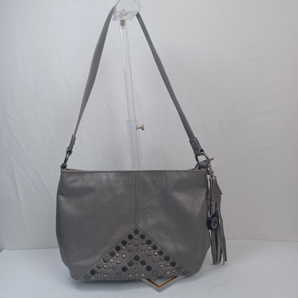The Sak Gray‎ Leather Studded Chevron Fringe Tassel Shoulder Bag Hobo Purse